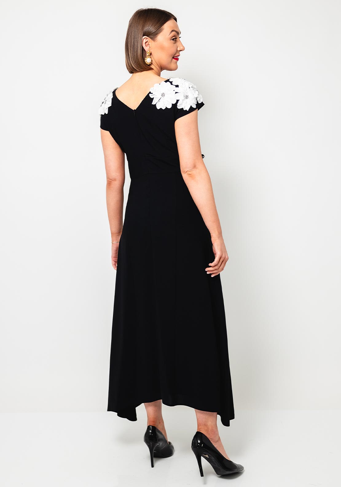 Lizabella Embellished Flower Flared Dress, Black