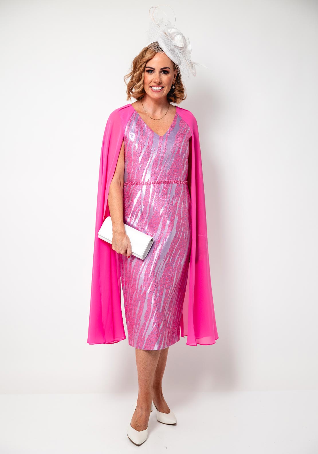 Lizabella Metallic Jacquard Chiffon Sleeve Dress, Pink - McElhinneys