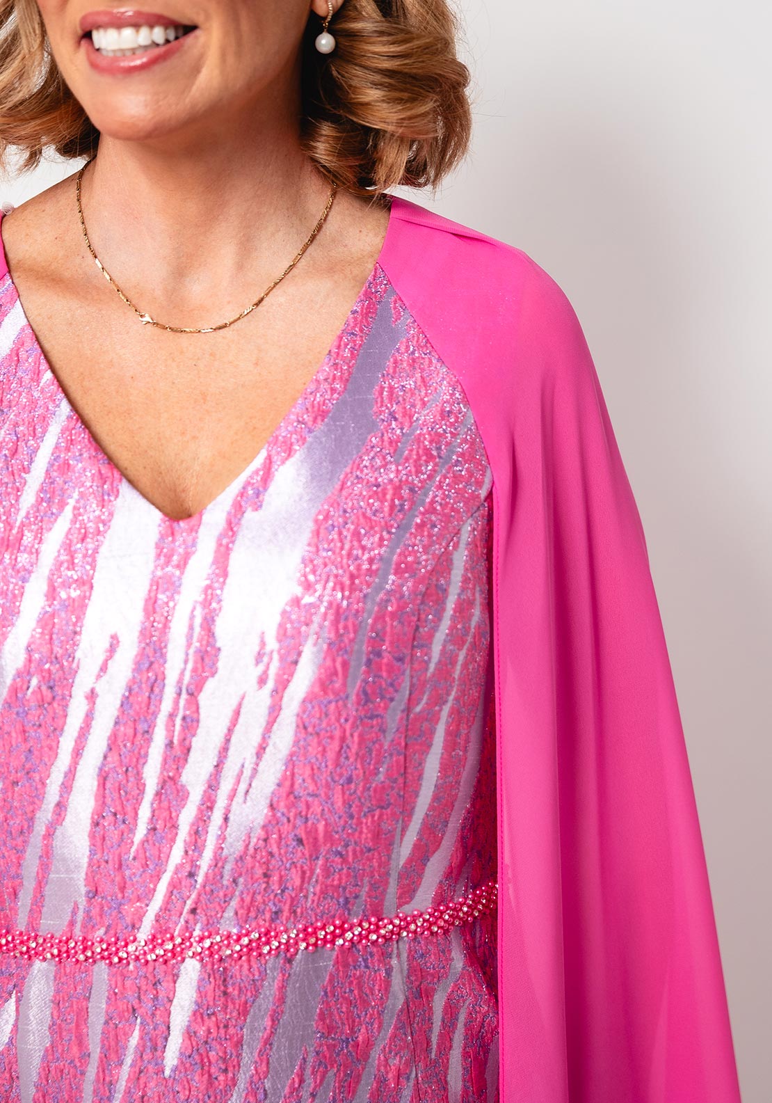 Lizabella Metallic Jacquard Chiffon Sleeve Dress, Pink
