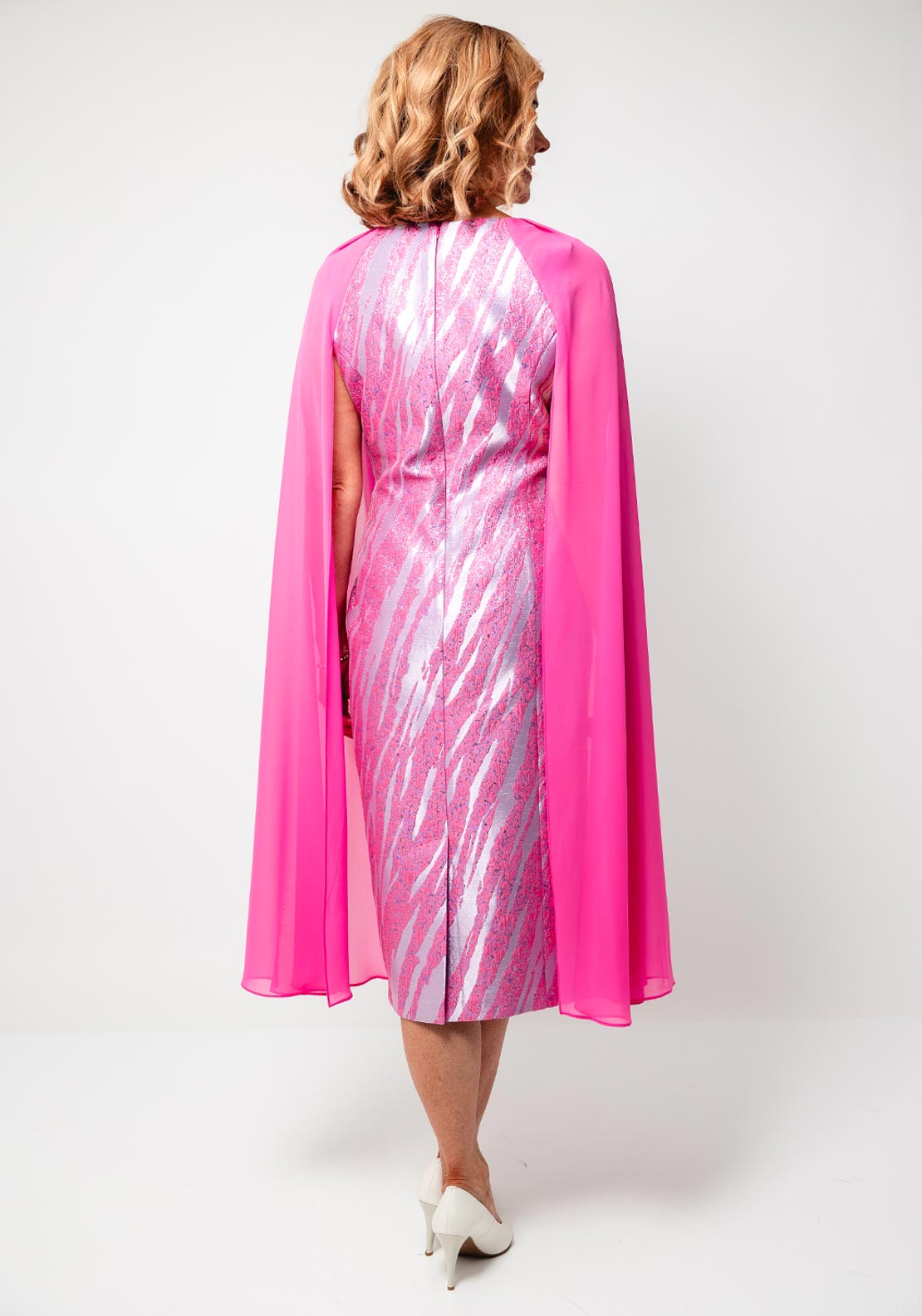 Lizabella Metallic Jacquard Chiffon Sleeve Dress, Pink