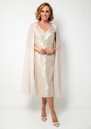 Lizabella Metallic Jacquard Chiffon Sleeve Dress, Champagne