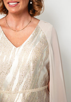 Lizabella Metallic Jacquard Chiffon Sleeve Dress, Champagne