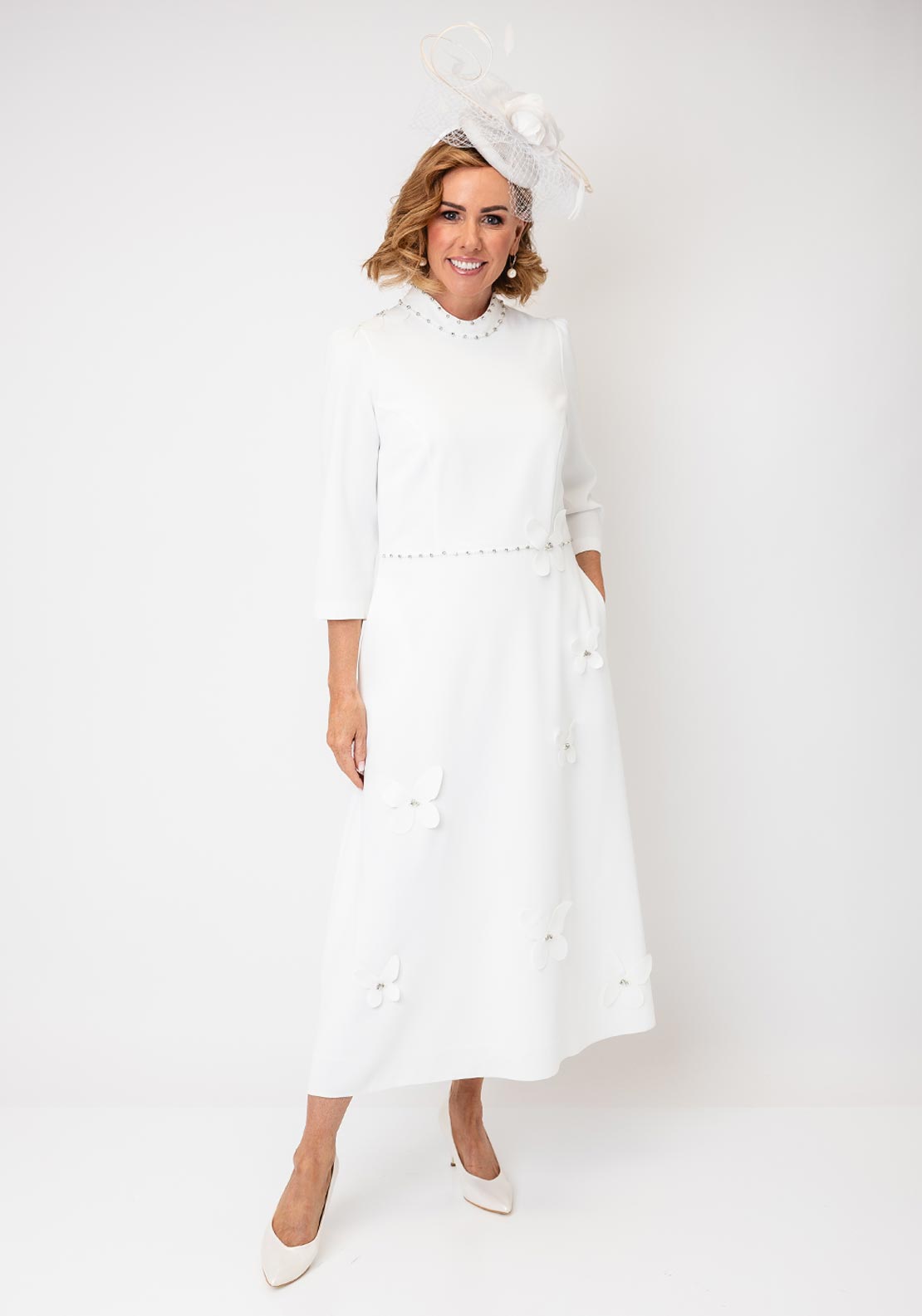 Lizabella Embellished High Neck Aline Dress, Off White