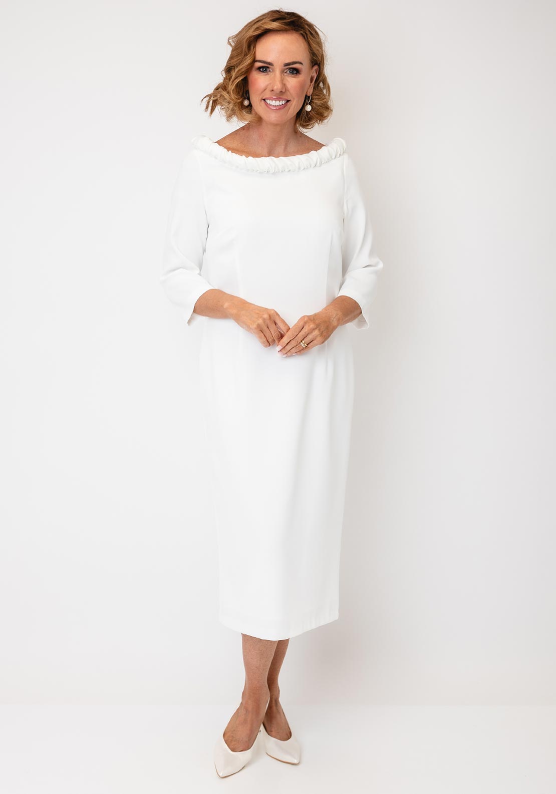 Lizabella Ruched Neck Midi Pencil Dress, Off White