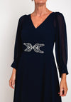 Lizabella Sheer Sleeve Embellished Waist Midi Dress, Navy