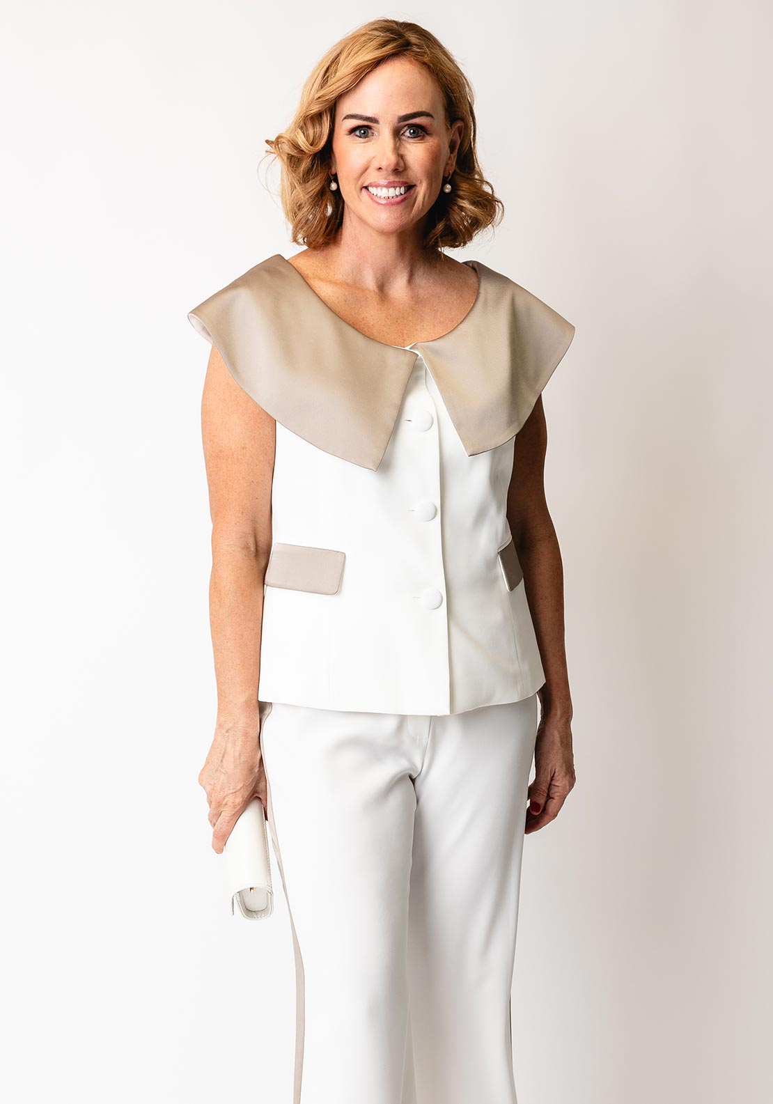 Kate Cooper Off The Shoulder Tailored Top, White and Mink