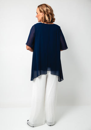 Lizabella Chiffon Top and Pleated Trousers Set, Navy
