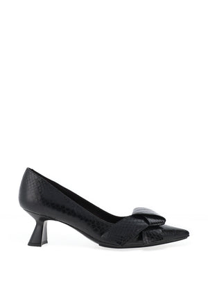 Lodi Kyle Leather Reptile Printed Geo Heels, Black