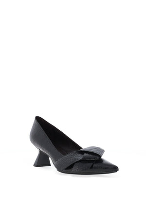 Lodi Kyle Leather Reptile Printed Geo Heels, Black