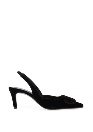 Lodi Nestor Velvet Buckle Detailed Sling Back Heels, Dark Brown