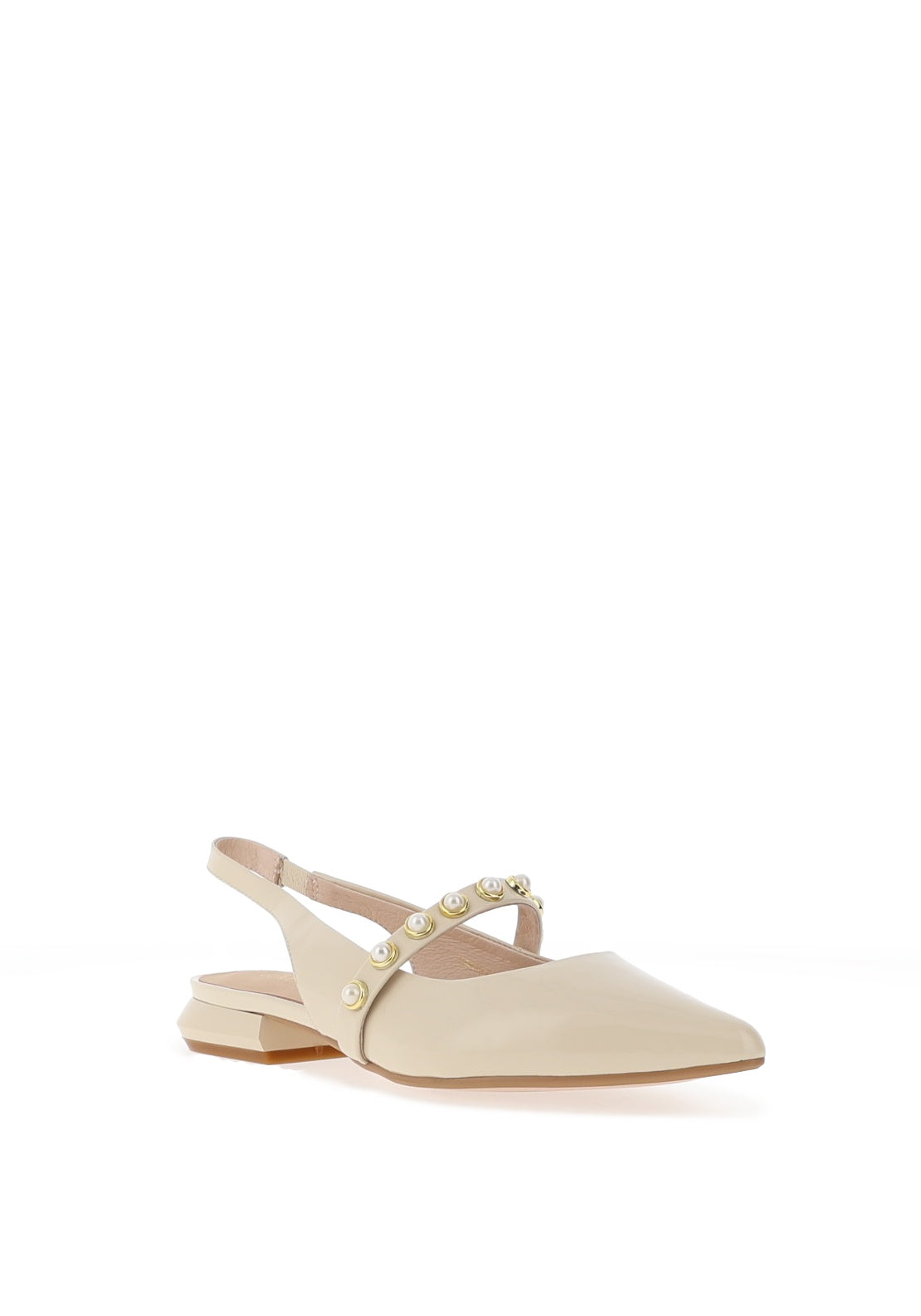 Loretta Vitale Patent Sling Back Pearl Stud Detailed Pumps, Beige