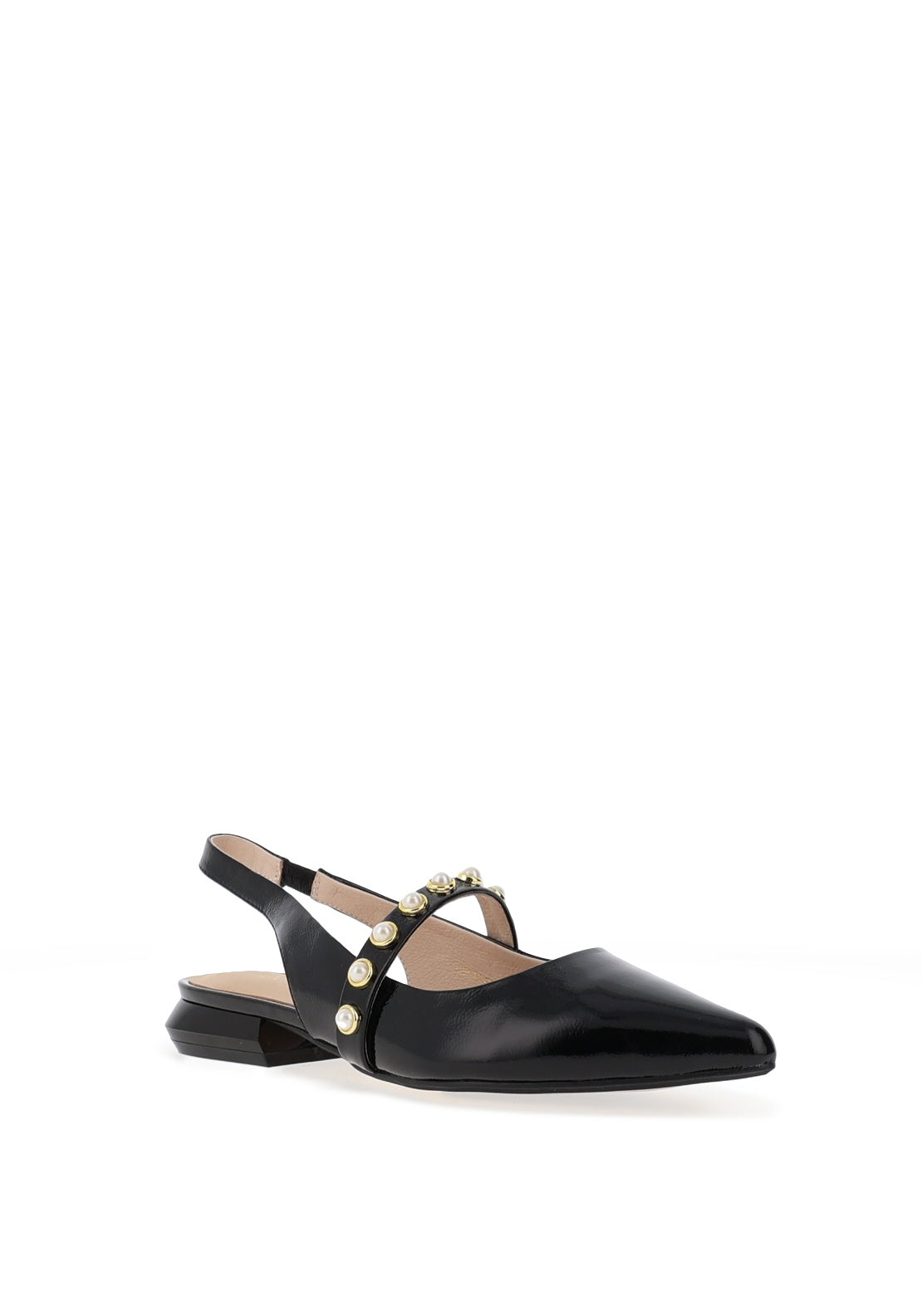 Loretta Vitale Patent Sling Back Pearl Stud Detailed Pumps, Black