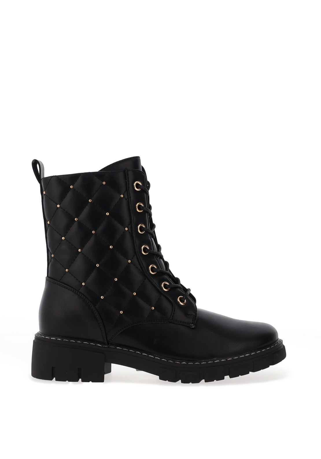 Lunar Studded Quilted Military Boots, Black