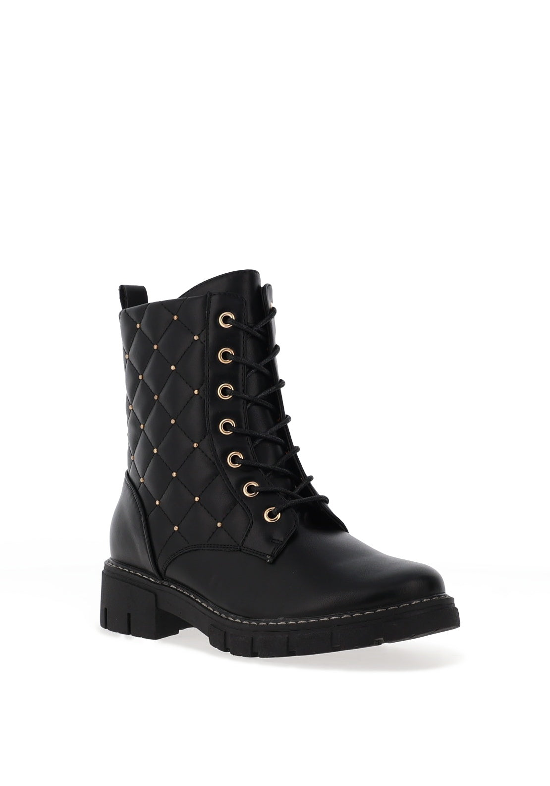 Lunar Studded Quilted Military Boots, Black