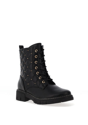 Lunar Studded Quilted Military Boots, Black