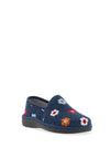 Lunar Velvet Floral Print Slip On Slippers, Blue
