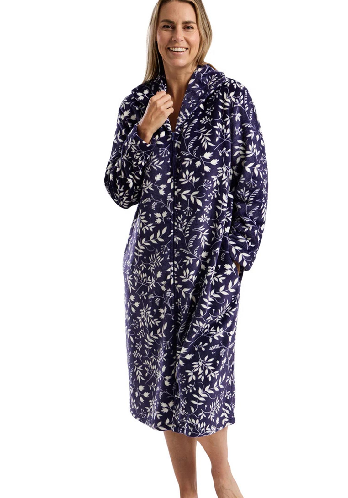 Marlon Leaf Print Zip Fastening Dressing Gown, Navy