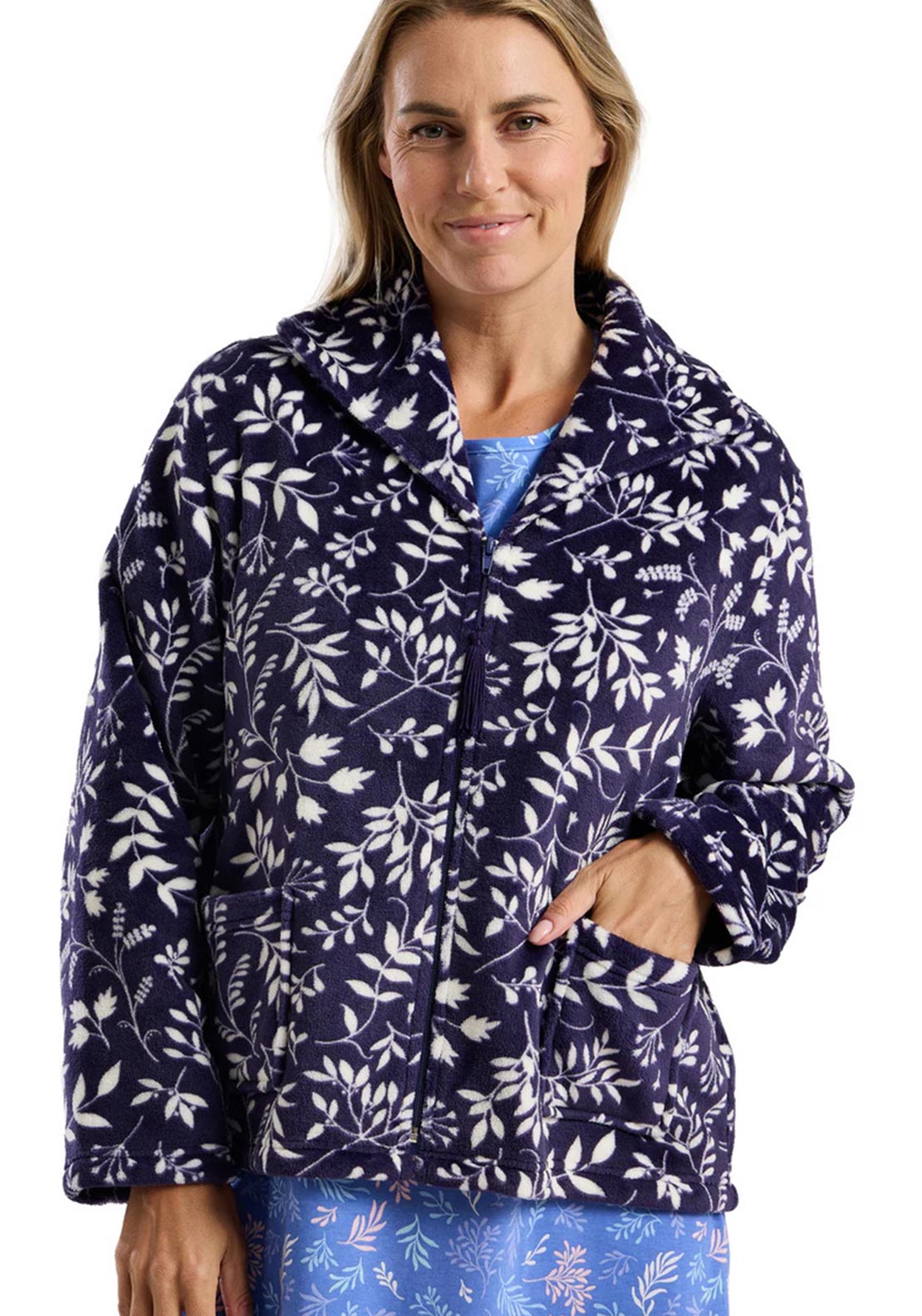 Marlon Leaf Print Zip Fastening Bed Jacket, Navy