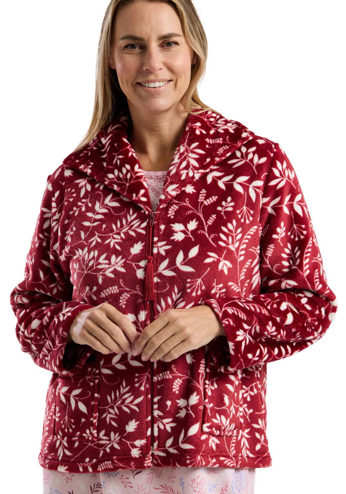 Marlon Leaf Print Zip Fastening Bed Jacket, Red