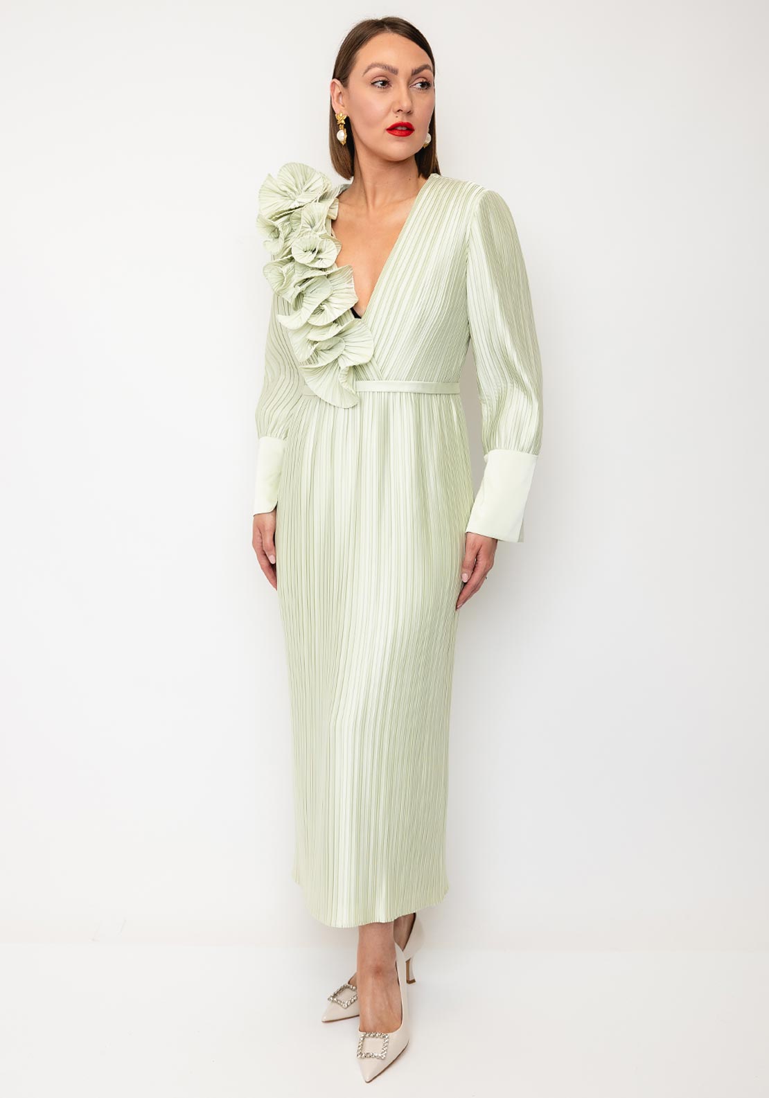 Maisonel Asymmetrical Shoulder Midi Dress, Lime Green