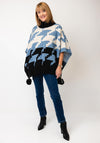 Malissa J One Size Pom Pom Trim Knitted Poncho, Blue & Black Multi