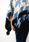 Malissa J One Size Pom Pom Trim Knitted Poncho, Blue & Black Multi