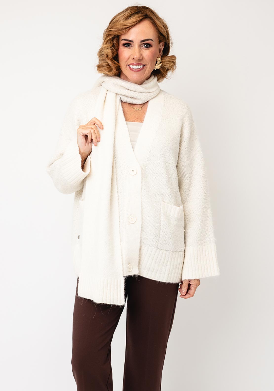 Malissa J Sequin Chunky Scarf Detail Cardigan, Cream