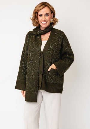 Malissa J Sequin Chunky Scarf Detail Cardigan, Khaki Green