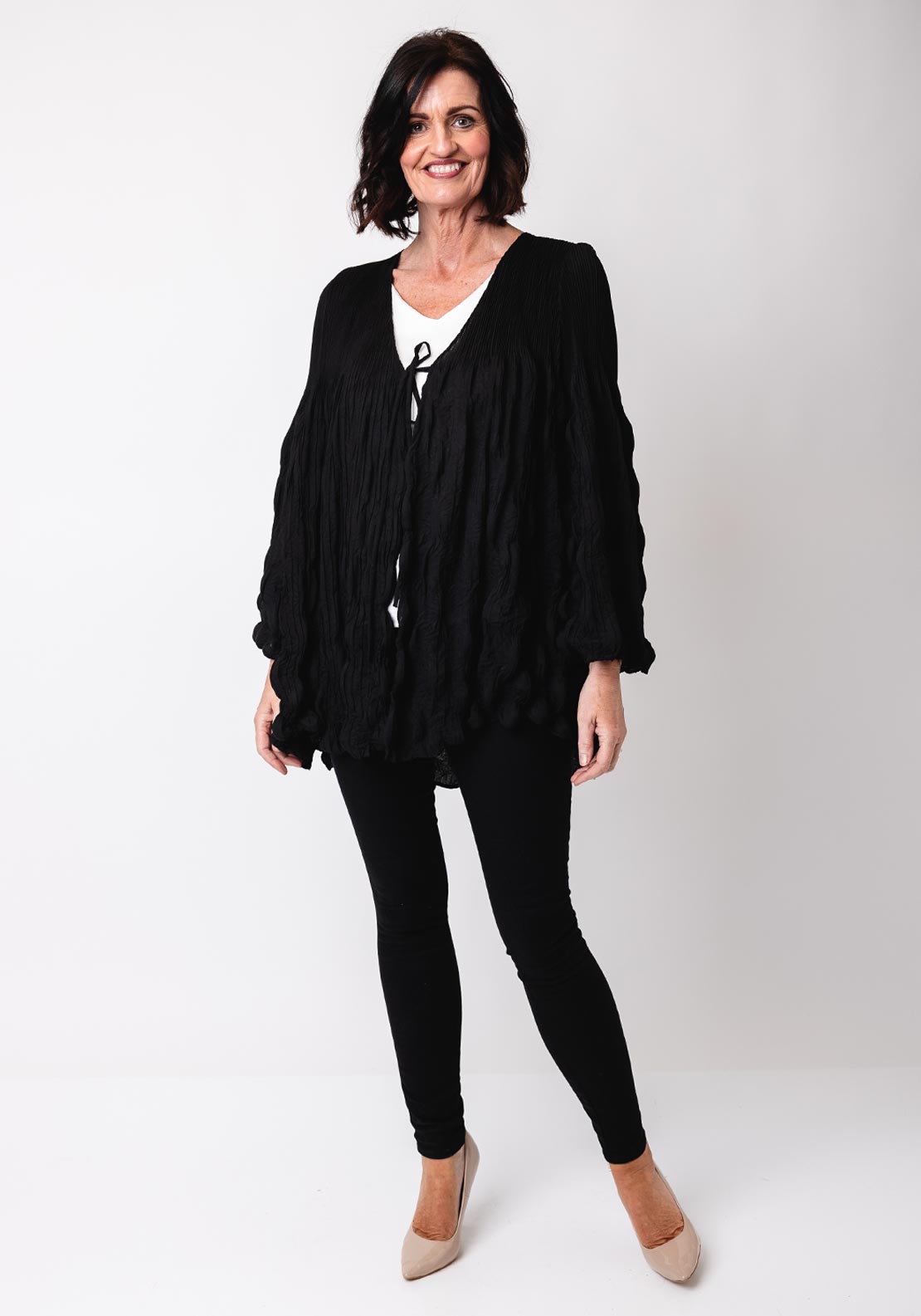 Malissa J One Size Bubble Effect Tie Front Cardigan, Black