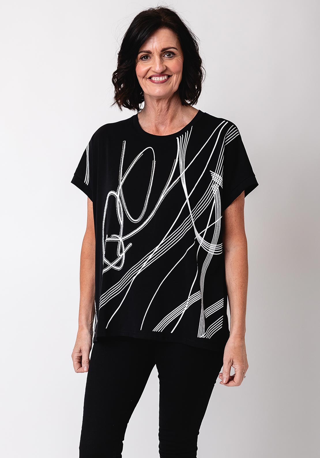 Malissa J One Size Embellished Abstract Print T Shirt, Black