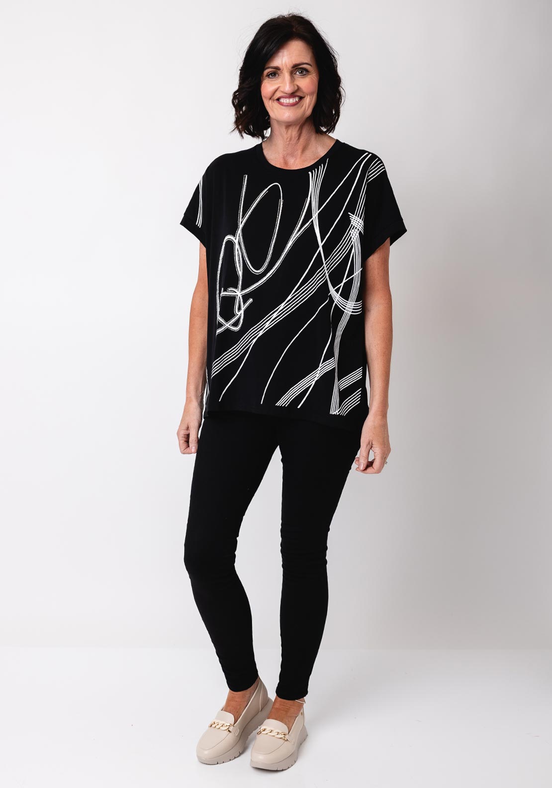 Malissa J One Size Embellished Abstract Print T Shirt, Black