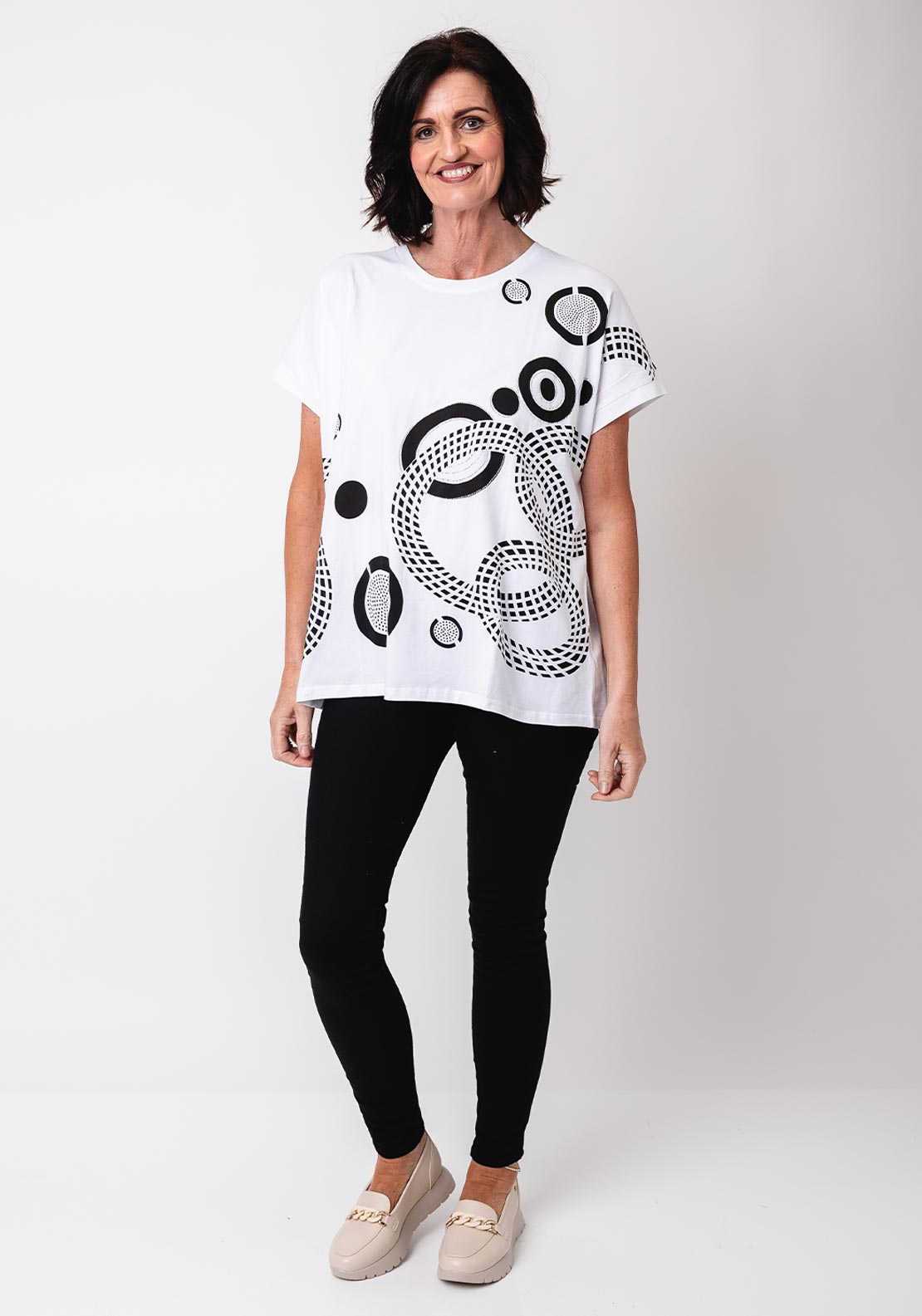 Malissa J One Size Embellished Disc Print T Shirt, White