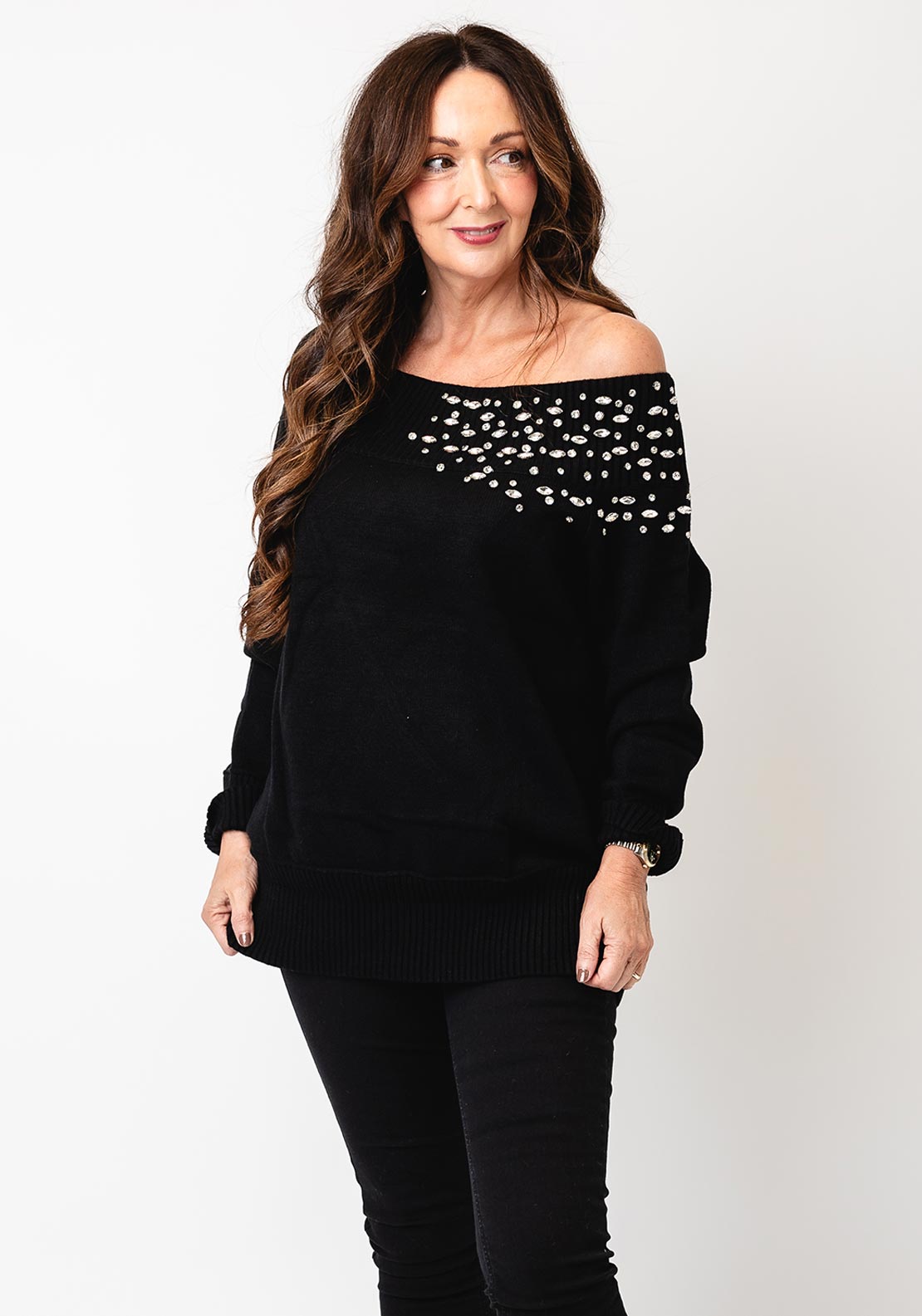 Malissa J One Size Embellished Off Shoulder Jumper, Black