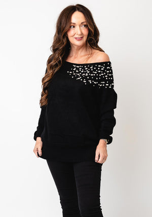 Malissa J One Size Embellished Off Shoulder Jumper, Black