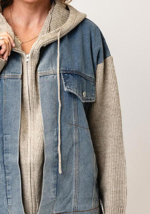 Malissa J Contrasting Zip UP Hooded Knit Denim Jacket One Size, Stone