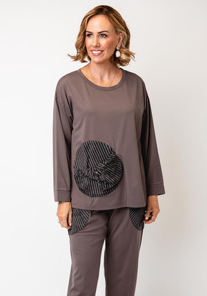 Malissa J One Size Textured Pocket Detail Long Sleeve Top, Mushroom