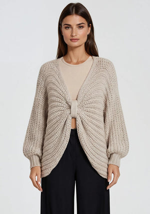 Malissa J One Size Bow Chunky Knit Poncho Jumper, Stone Beige