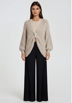 Malissa J One Size Bow Chunky Knit Poncho Jumper, Stone Beige