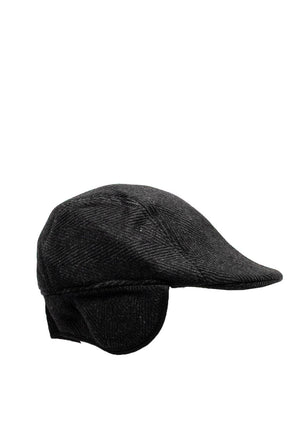 Serafina Men’s Herringbone Flat Cap with Foldaway Ear Flaps, Grey & Black