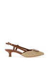 Marco Tozzi Woven Brooch Sling Back Kitten Heels, Tan