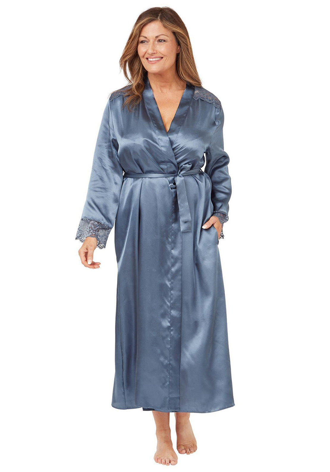 Marlon Long Sleeve Satin Lace Wrap, Faded Denim
