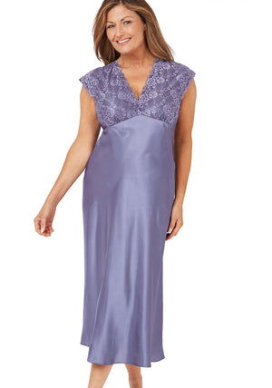 Marlon Marcelle Cap Sleeve Satin & Lace Nightdress, Faded Denim