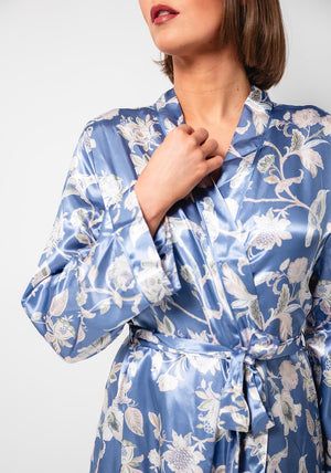 Marlon Floral Long Sleeve Satin Robe, Blue