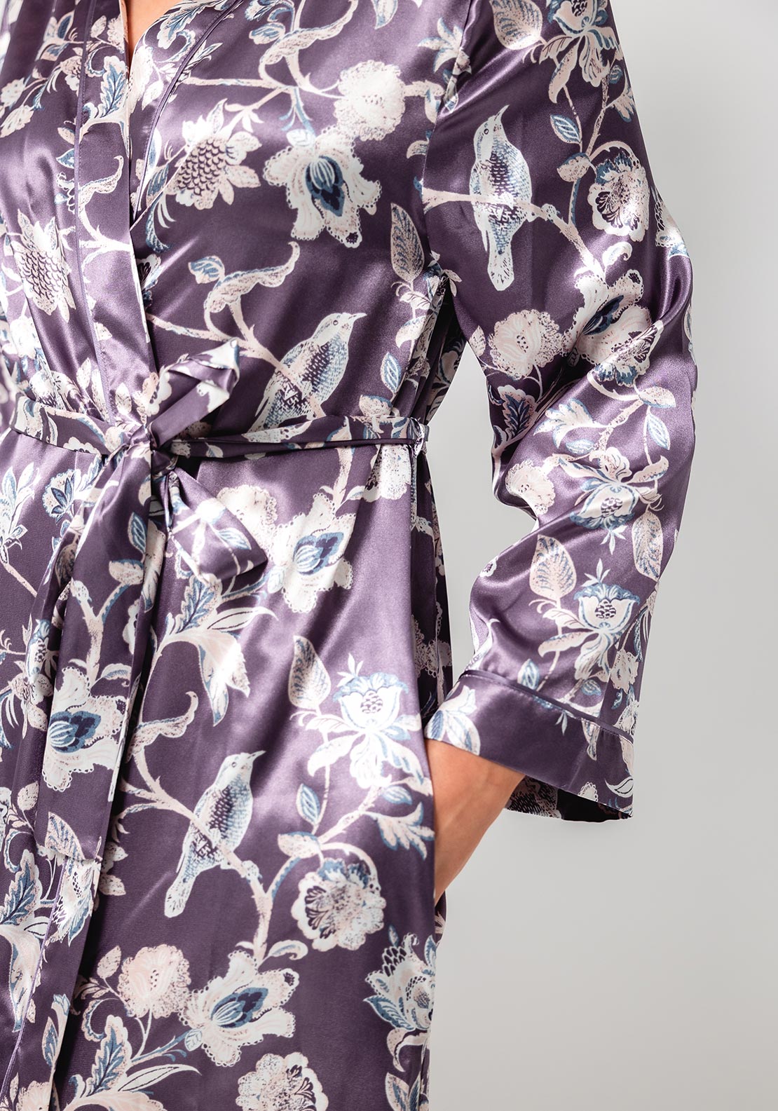 Marlon Floral Long Sleeve Satin Robe, Purple