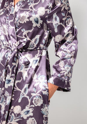Marlon Floral Long Sleeve Satin Robe, Purple