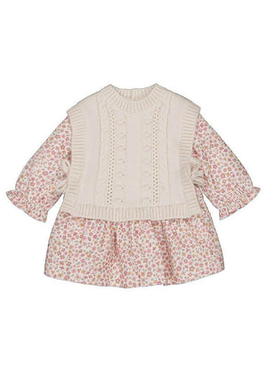 Mayoral Baby Girl Knitted Vest Floral Dress, Cream Multi