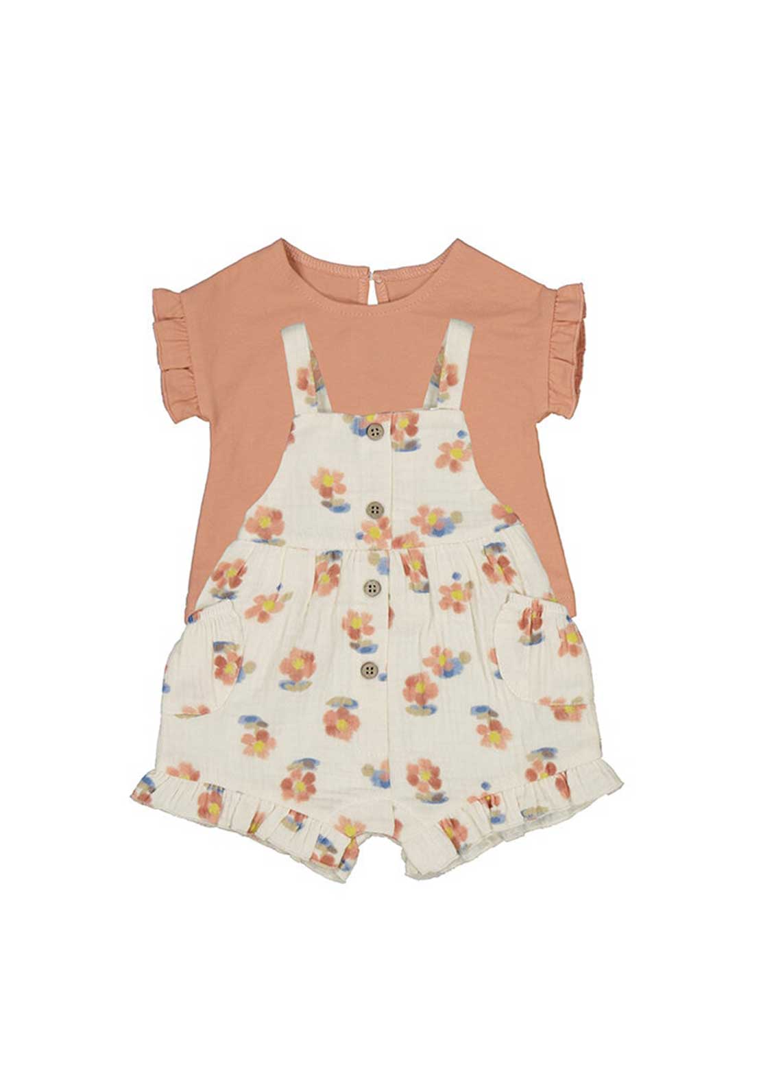 Mayoral Baby Girl Floral Short Dungaree and Tee Set, Peach