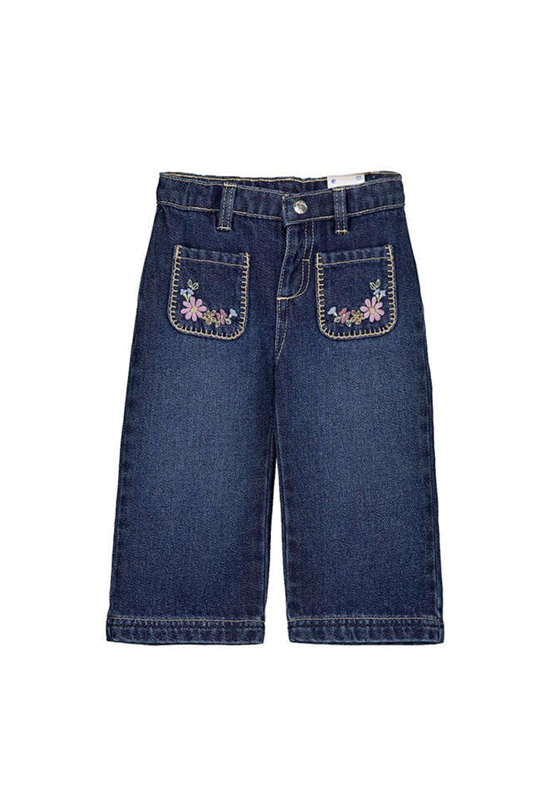 Mayoral Baby Girl Floral Pockets Wide Leg Jean, Dark Blue
