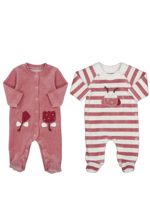 Mayoral Baby Girl Set of Two Velour Ladybug Babygrows, Lollipop Pink