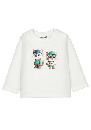Mayoral Baby Boy Racoon Print Long Sleeve Top, Cream